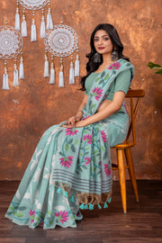 Mahitha Breeze Blue Muga Cotton Jamdani Saree